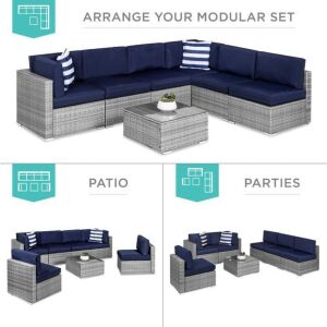 7-Piece Modular Wicker Sectional Conversation Set w/ 2 Pillows, Cover 