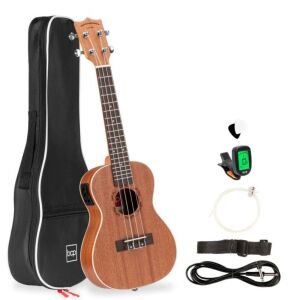 23in Acoustic Electric Concert Sapele Ukulele Starter Kit w/ Built-in Tuner 