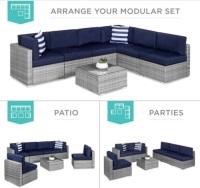 7-Piece Modular Wicker Sectional Conversation Set w/ 2 Pillows, Cover