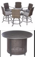 54" Pembroke Gas Fire Pit Dining Table & Set of 6&nbsp;All-Weather Wicker Cushioned Patio High Dining Chairs