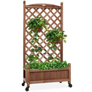 Wood Planter Box & Lattice Trellis w/ Drainage, Optional Wheels - 48in 