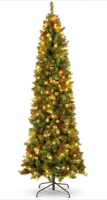 12ft Pre-Lit Spruce Pencil Christmas Tree w/ Berries, Pine Cones