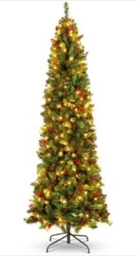 12ft Pre-Lit Spruce Pencil Christmas Tree w/ Berries, Pine Cones