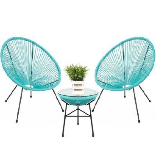 3-Piece All-Weather Patio Acapulco Bistro Set w/ Rope, Glass Top Table&nbsp;