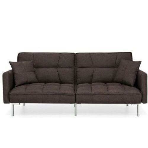Convertible Linen Tufted Futon w/ 2 Plush Pillows, Split-Back Design&nbsp;