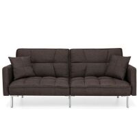 Convertible Linen Tufted Futon w/ 2 Plush Pillows, Split-Back Design&nbsp;