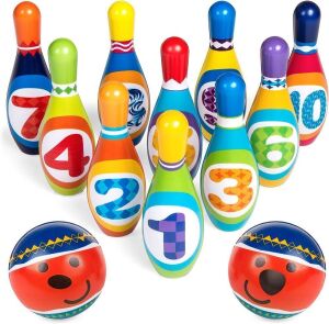 Multicolor Soft Lightweight Foam Bowling Toy Set 10 Numbered Pins 2 Balls Carrying Case 