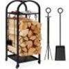 3-Tier Wrought Iron Firewood Log Rack w/ 4-Piece Tool Set, Wheels - 4ft&nbsp;