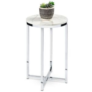 Round Coffee Side Table w/ Faux Marble Top, Metal Frame - 16in 