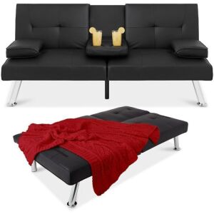 Faux Leather Upholstered Convertible Sofa Bed Futon w/ 2 Cupholders 