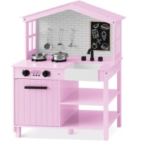 Kids Farmhouse Play Kitchen w/ Chalkboard, Storage Shelves, 5 Accessories