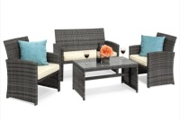 4-Piece Outdoor Wicker Conversation Patio Set w/ 4 Seats, Glass Table Top