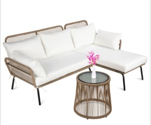 Rope Woven Sectional, L-Shape Sofa Set w/ Detachable Lounger, Table