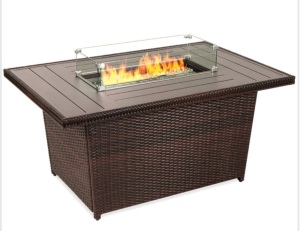 Wicker Propane Fire Pit Table, 50,000 BTU w/ Glass Wind Guard, Cover - 52in