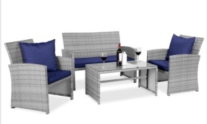 4-Piece Outdoor Wicker Conversation Patio Set w/ 4 Seats, Glass Table Top