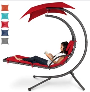 Hanging Curved Chaise Lounge Chair w/ Built-In Pillow, Removable Canopy