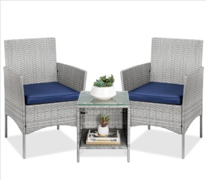 3-Piece Outdoor Patio Wicker Bistro Set w/ Side Storage Table