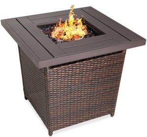 28in Fire Pit Table 50,000 BTU Wicker Propane w/ Faux Wood Tabletop, Cover