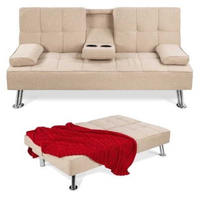 Linen Upholstered Convertible Sofa Bed Futon w/ 2 Cupholders