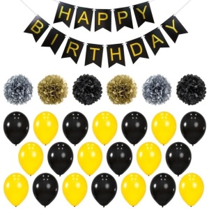 Box of 50 Birthday Party Decor Sets w/ Banner, 6 Pom-Poms, 20 Balloons - Gold/Black
