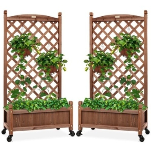 Set of 2 Wood Planter Box & Lattice Trellis w/ Optional Wheels - 48in