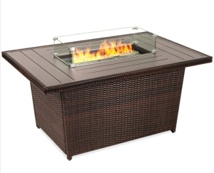 Wicker Propane Fire Pit Table, 50,000 BTU w/ Glass Wind Guard, Cover - 52in