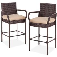 Set of 2 Indoor Outdoor Wicker Bar Stools w/ Cushion, Footrests, Armrests&nbsp;