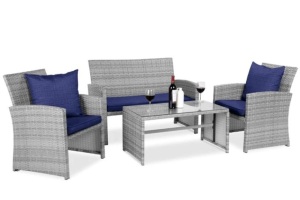 4-Piece Outdoor Wicker Conversation Patio Set w/ 4 Seats, Glass Table Top