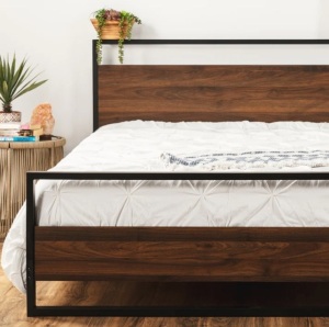 Metal Wood Platform Queen Bed Frame w/ Wooden Slats