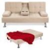 Linen Upholstered Convertible Sofa Bed Futon w/ 2 Cupholders&nbsp;