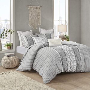 INK+IVY Imani 100% Cotton Comforter Mid Century Modern Design Chenille Tufted All Season Bedding Set, Matching Shams, King/Cal King, Geometric Prints Gray 3 Piece