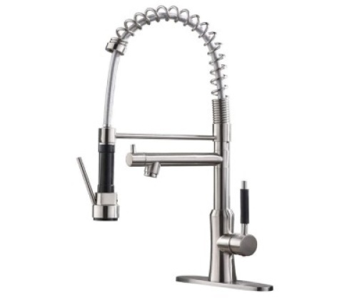 Friho Commercial Brushed Nickel High Arch Single Lever Two Spouts Pull Down Sprayer Spring Kitchen Faucet, New in Box
