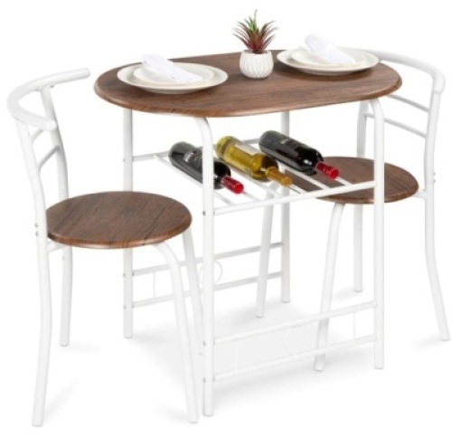 3-Piece Wooden Table & Chairs Dining Set w/ Lower Storage Shelf