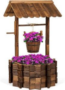 Rustic Wooden Wishing Well Planter Yard Decoration w/ Hanging Bucket