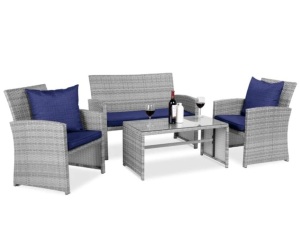 4-Piece Outdoor Wicker Conversation Patio Set w/ 4 Seats, Glass Table Top