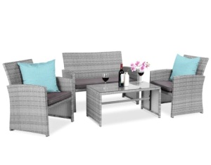 4-Piece Outdoor Wicker Conversation Patio Set w/ 4 Seats, Glass Table Top