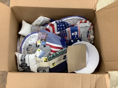 Box of Assorted 4th of July Party Supplies & Decor