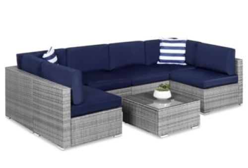 7-Piece Modular Wicker Sectional Conversation Set w/ 2 Pillows, Cover