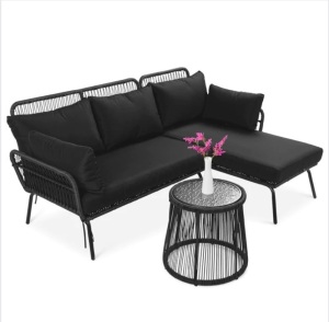 Rope Woven Sectional, L-Shape Sofa Set w/ Detachable Lounger, Table