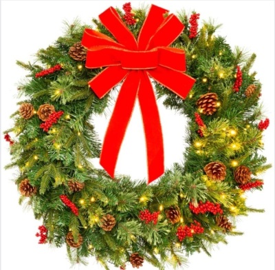 30" Pre-Lit Battery Powered Christmas Wreath w/ Lights, PVC Tips, Ribbon