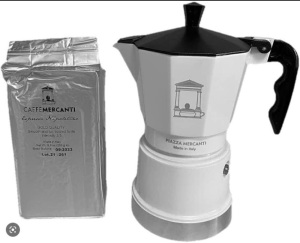 Piazza Mercanti Moka Espresso Pot, 6 Cups w/ Coffee