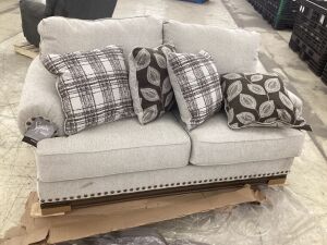 Signature by Ashley Gray Loveseat with Accent Pillows - Wood Broken on Right Bottom 