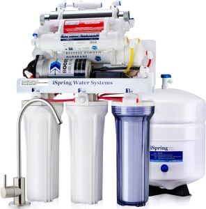 iSpring RCC1UP-AK 100GPD Under Sink 7-Stage Reverse Osmosis RO Drinking Filtration System and Water Filter for Sink with Alkaline Remineralization, Booster Pump and UV Ultraviolet Filter, White 