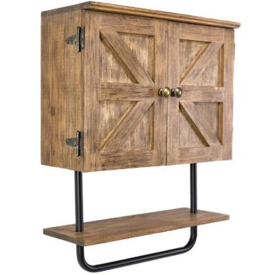 Barndoor Bathroom Wall Medicine Cabinet with Adjustable Shelf and Towel Bar, Rustic Brown 