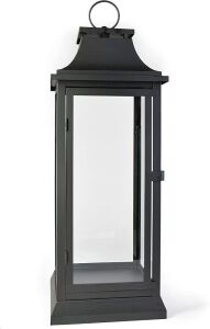 Serene Spaces Living Black Decorative Hurricane Lantern with Glass Panels, 25" Tall and 9.75" Diameter 