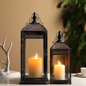 Decorative Hanging Candle Lanterns with Tempered Glass, Dark Cement Color, 20'' & 14.5''