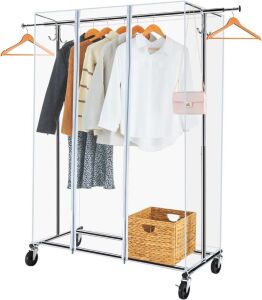 GREENSTELL Adjustable Garment Rack with Cover, Wheels, Extendable Hanging Rail and Two Hooks