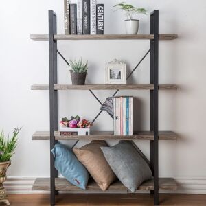 HSH 4-Shelf Vintage Industrial Bookshelf, Light Grey Oak 