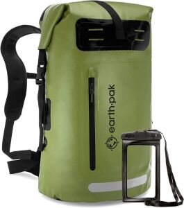 Earth Pak Waterproof Backpack, Heavy Duty Roll-Top Closure with Easy Access Front-Zippered Pocket and Cushioned Padded Back Panel for Comfort