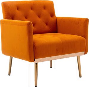 Olela Modern Velvet Tufted Single Sofa Armchair with Gold Metal Legs, Orange 